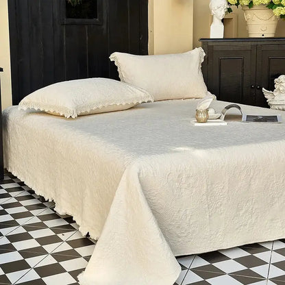 Cream textured cotton quilted bedspread set with lace bedroom
