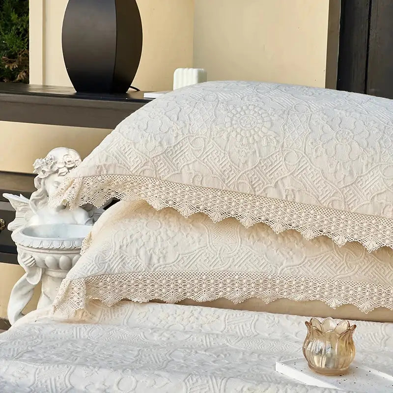 Cream textured cotton quilted bedspread set with lace bedroom