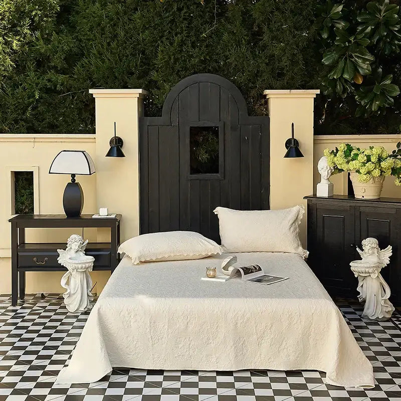 Cream textured cotton quilted bedspread set with lace bedroom