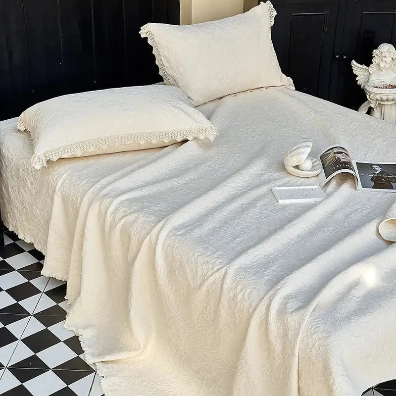 Cream textured cotton quilted bedspread set with lace bedroom