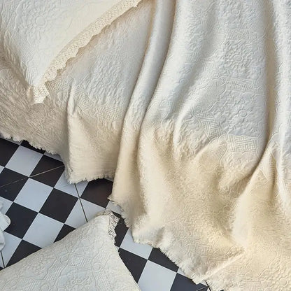 Cream textured cotton quilted bedspread set with lace bedroom