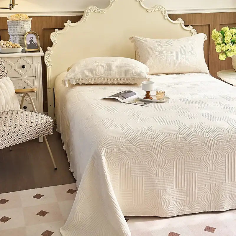 Cream textured cotton quilted bedspread set with lace bedroom