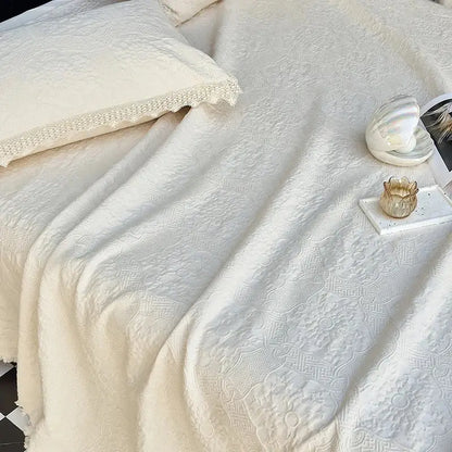 Cream textured cotton quilted bedspread set with lace bedroom