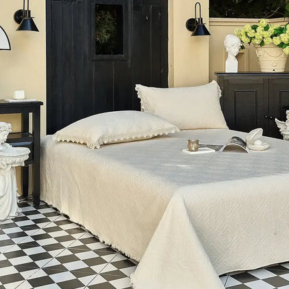 Cream textured cotton quilted bedspread set with lace bedroom