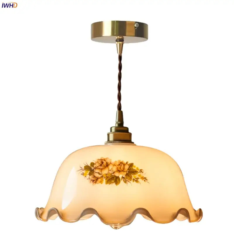 Cream vintage brass floral glass pendant light for dining room