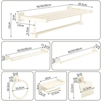 Cream white bathroom set with towel rack and storage shelf