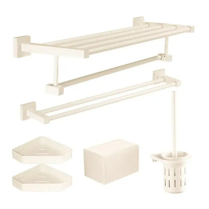 Cream white bathroom set with towel rack and storage shelf