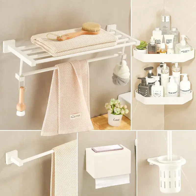 Cream white bathroom set with towel rack and storage shelf