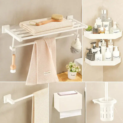 Cream white bathroom set with towel rack and storage shelf