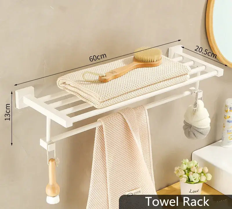 Cream white bathroom set with towel rack and storage shelf