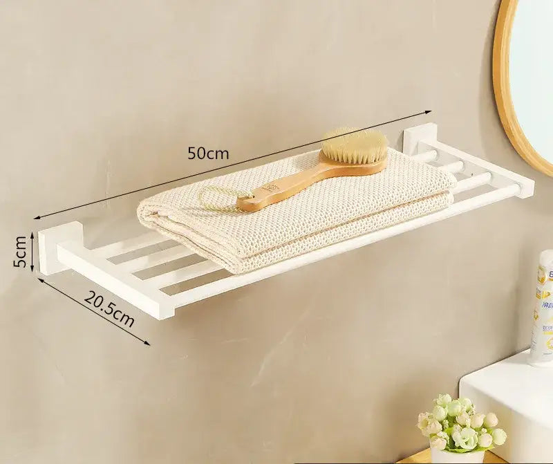 Cream white bathroom set with towel rack and storage shelf