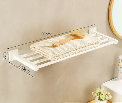 Cream white bathroom set with towel rack and storage shelf