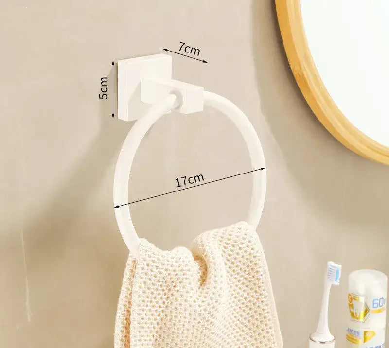 Cream white bathroom set with towel rack and storage shelf