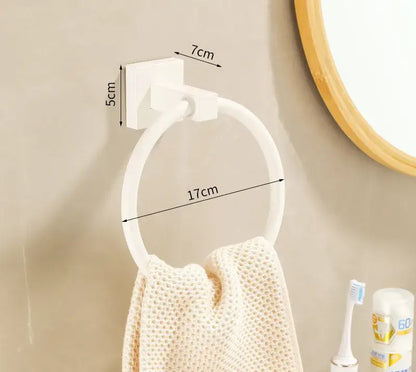 Cream white bathroom set with towel rack and storage shelf