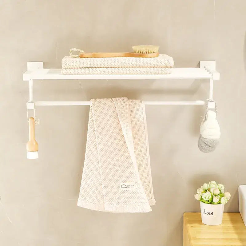 Cream white bathroom set with towel rack and storage shelf