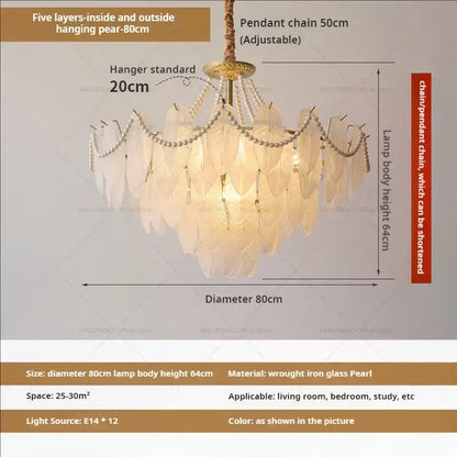 Cream wind feather pearl crystal chandelier living room light