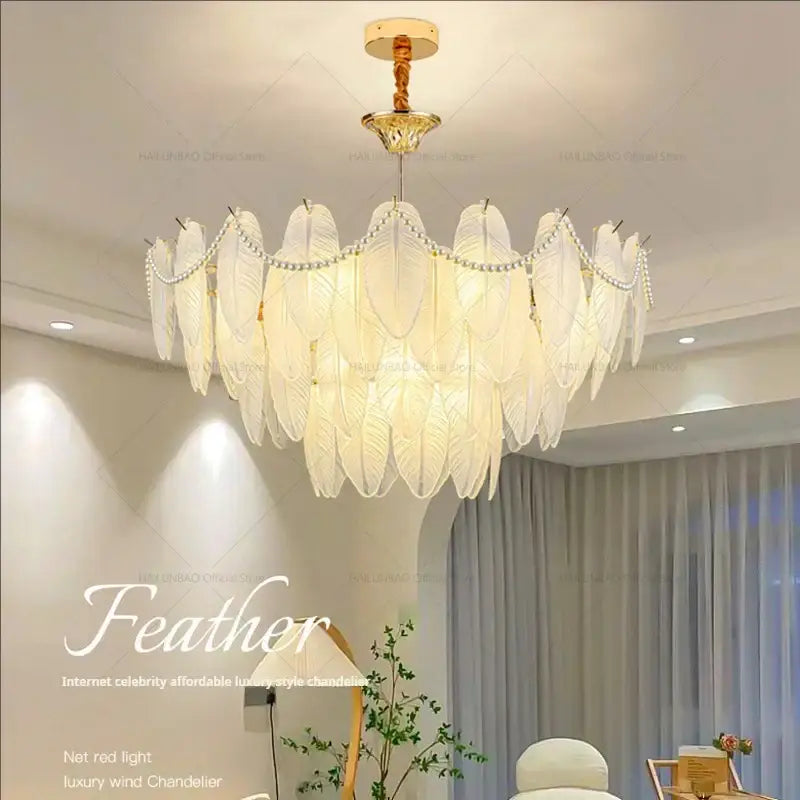 Cream wind feather pearl crystal chandelier living room light