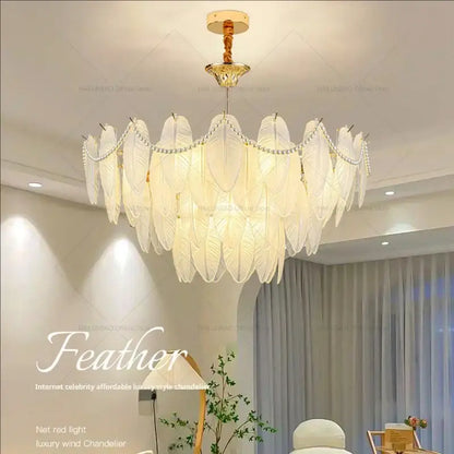 Cream wind feather pearl crystal chandelier living room light