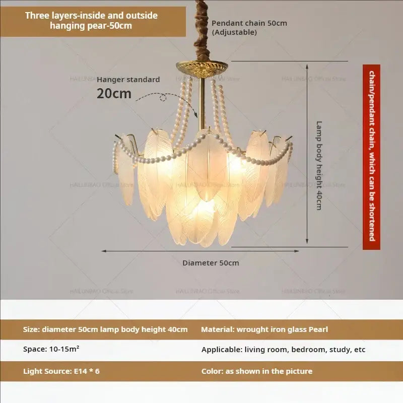 Cream wind feather pearl crystal chandelier living room light