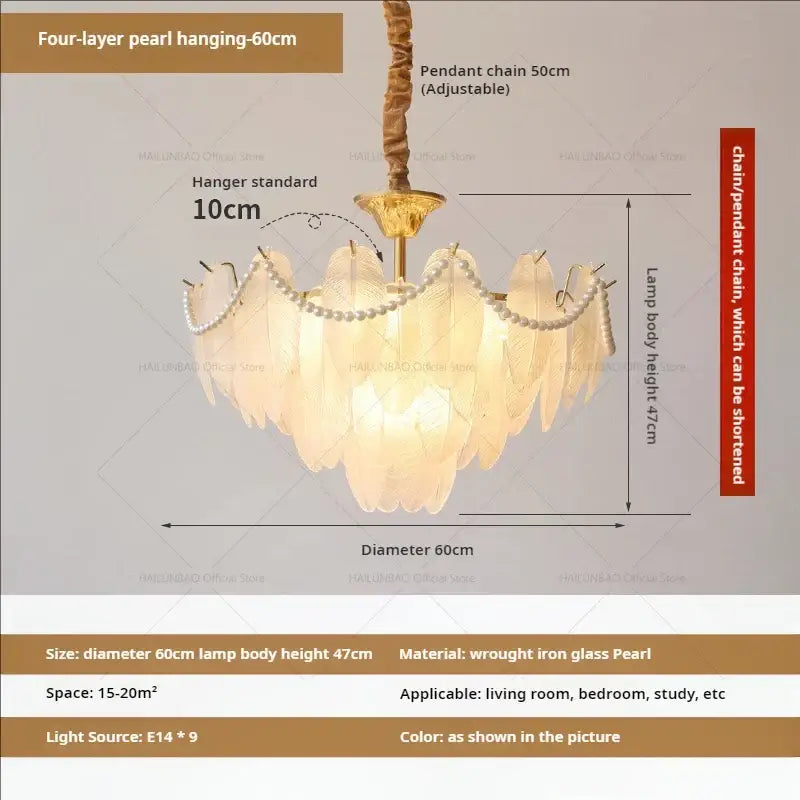 Cream wind feather pearl crystal chandelier living room light