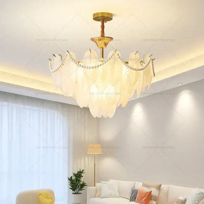 Cream wind feather pearl crystal chandelier living room light