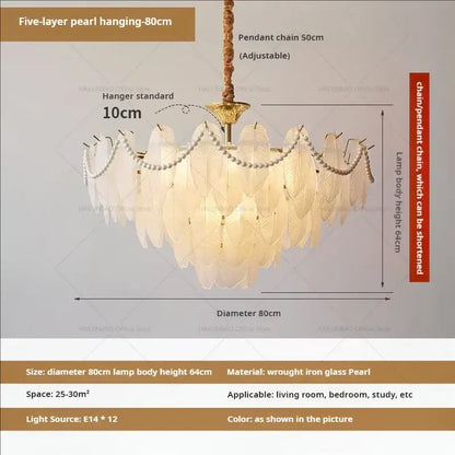 Cream wind feather pearl crystal chandelier living room light
