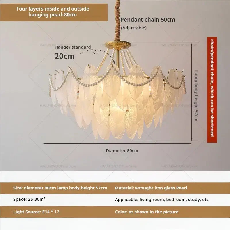 Cream wind feather pearl crystal chandelier living room light