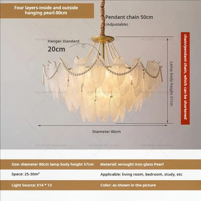 Cream wind feather pearl crystal chandelier living room light