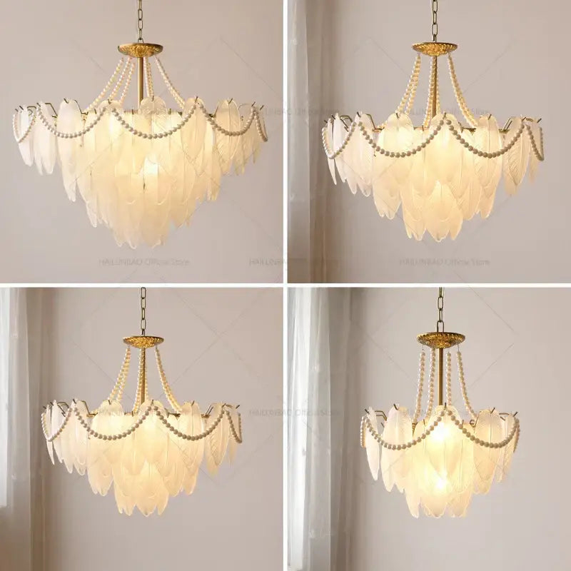 Cream wind feather pearl crystal chandelier living room light
