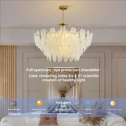 Cream wind feather pearl crystal chandelier living room light