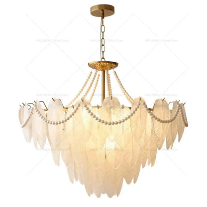 Cream wind feather pearl crystal chandelier living room light