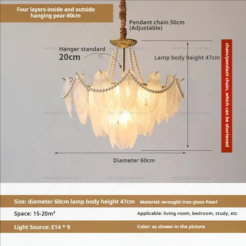 Cream wind feather pearl crystal chandelier living room light