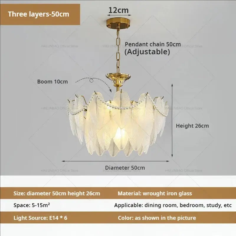 Cream wind feather pearl crystal chandelier living room light