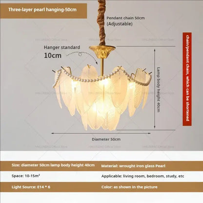 Cream wind feather pearl crystal chandelier living room light