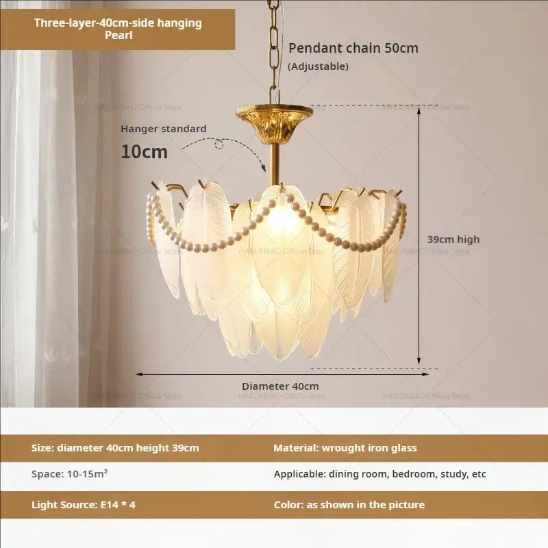 Cream wind feather pearl crystal chandelier living room light