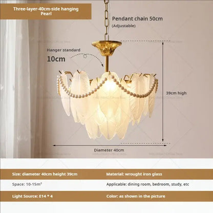 Cream wind feather pearl crystal chandelier living room light