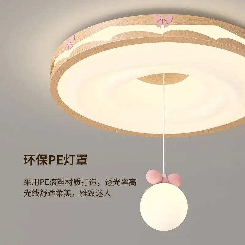 Cream wind walnut round bedroom light with pink bow hanging bulb