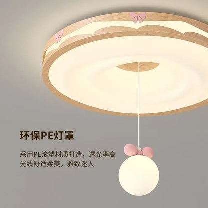 Cream wind walnut round bedroom light with pink bow hanging bulb