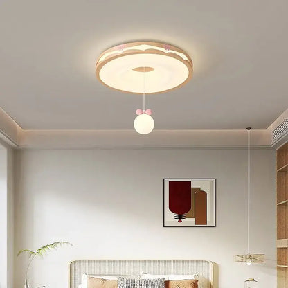 Cream wind walnut round bedroom light with pink bow hanging bulb