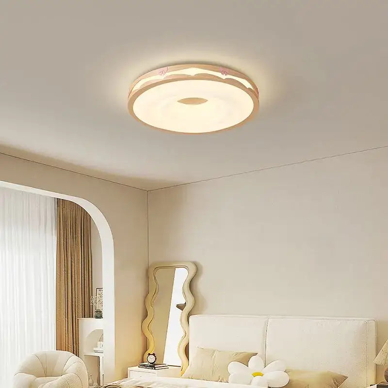 Cream wind walnut round bedroom light with pink bow hanging bulb
