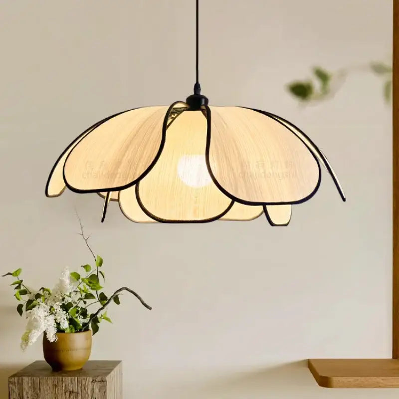 Creamy abaca fabric petal pendant light dining room