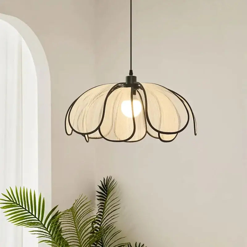 Creamy abaca fabric petal pendant light dining room