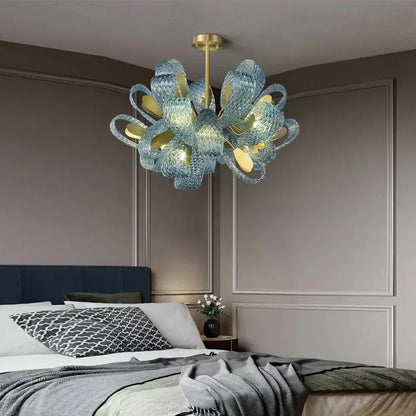 Creative blue & gold glass pendant light bedroom flower chandelier