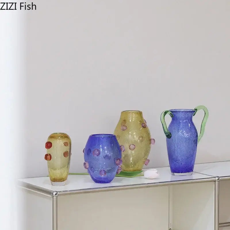 Creative bubble glass vase set blue & amber living room decor