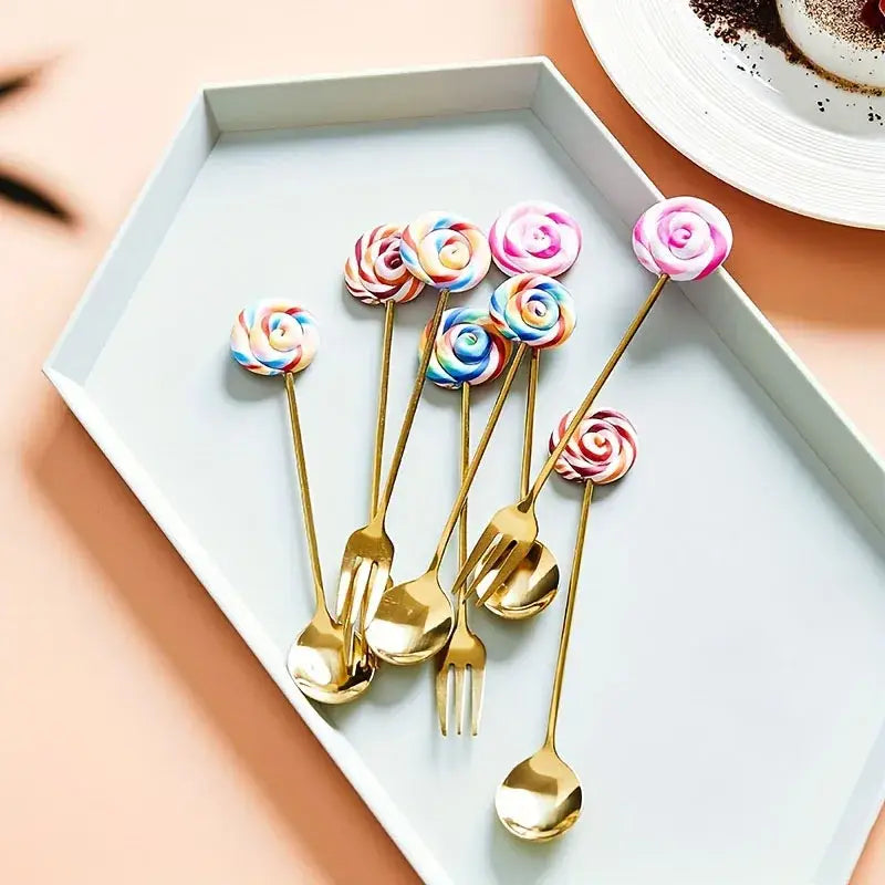 Creative candy donut dessert fork and gold spoon set dining room