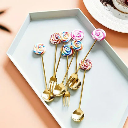 Creative candy donut dessert fork and gold spoon set dining room