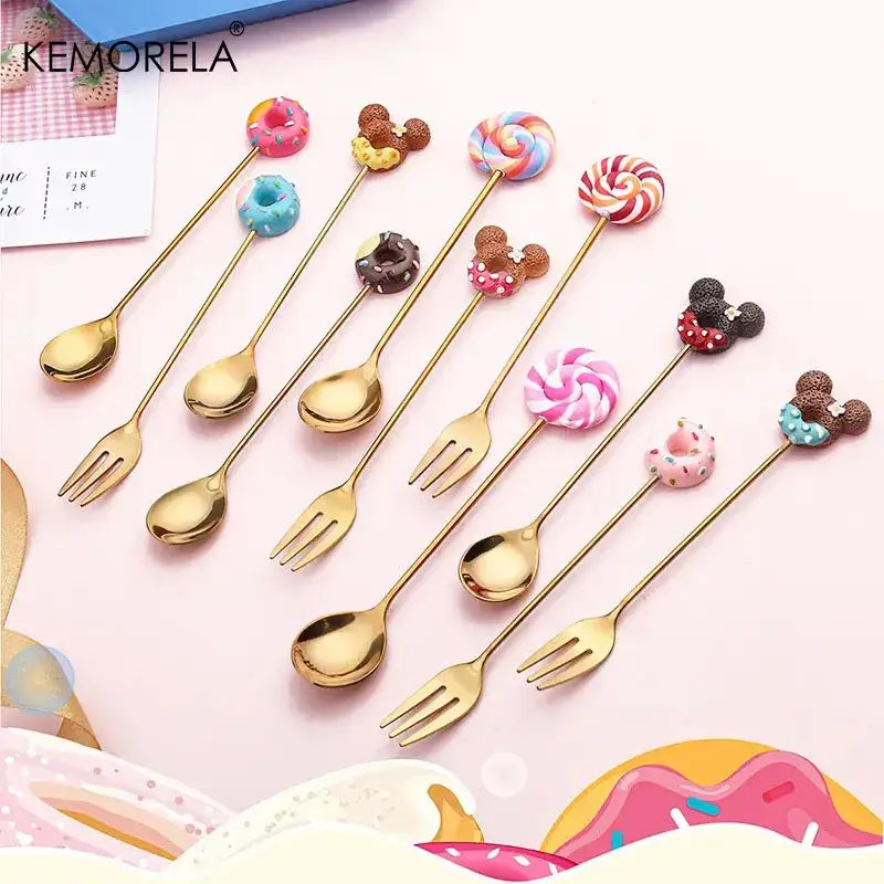 Creative candy donut dessert fork and gold spoon set dining room