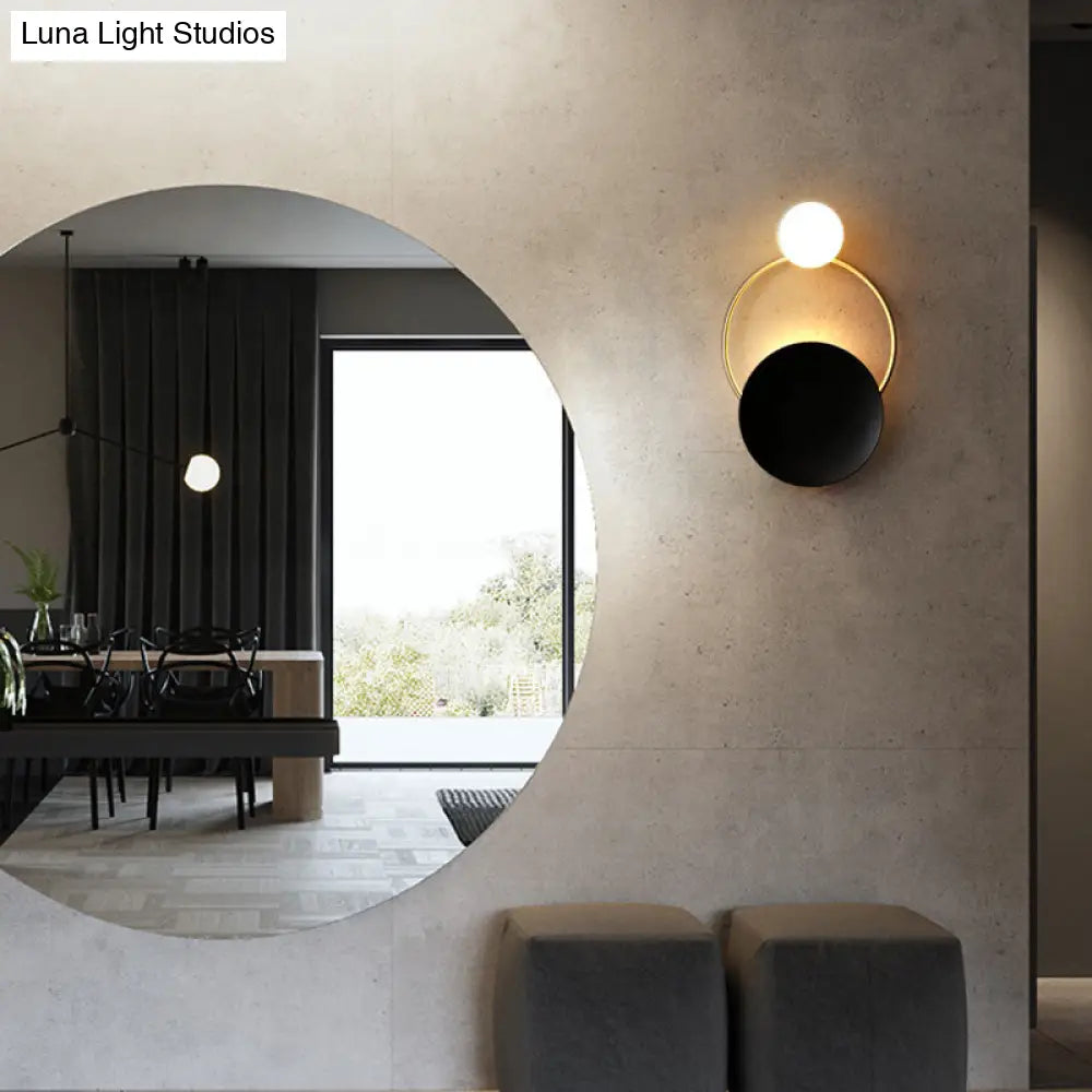 DecorBites™ Creative Circle Wall Sconce Cream Glass 1-Head Corridor Wall Light in Black-Brass - Postmodern Design