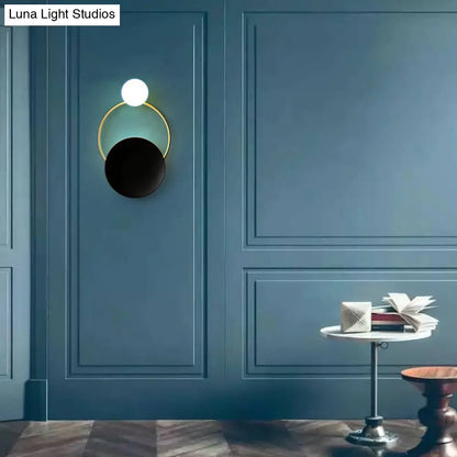 DecorBites™ Creative Circle Wall Sconce Cream Glass 1-Head Corridor Wall Light in Black-Brass - Postmodern Design
