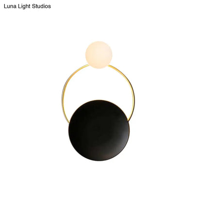 DecorBites™ Creative Circle Wall Sconce Cream Glass 1-Head Corridor Wall Light in Black-Brass - Postmodern Design